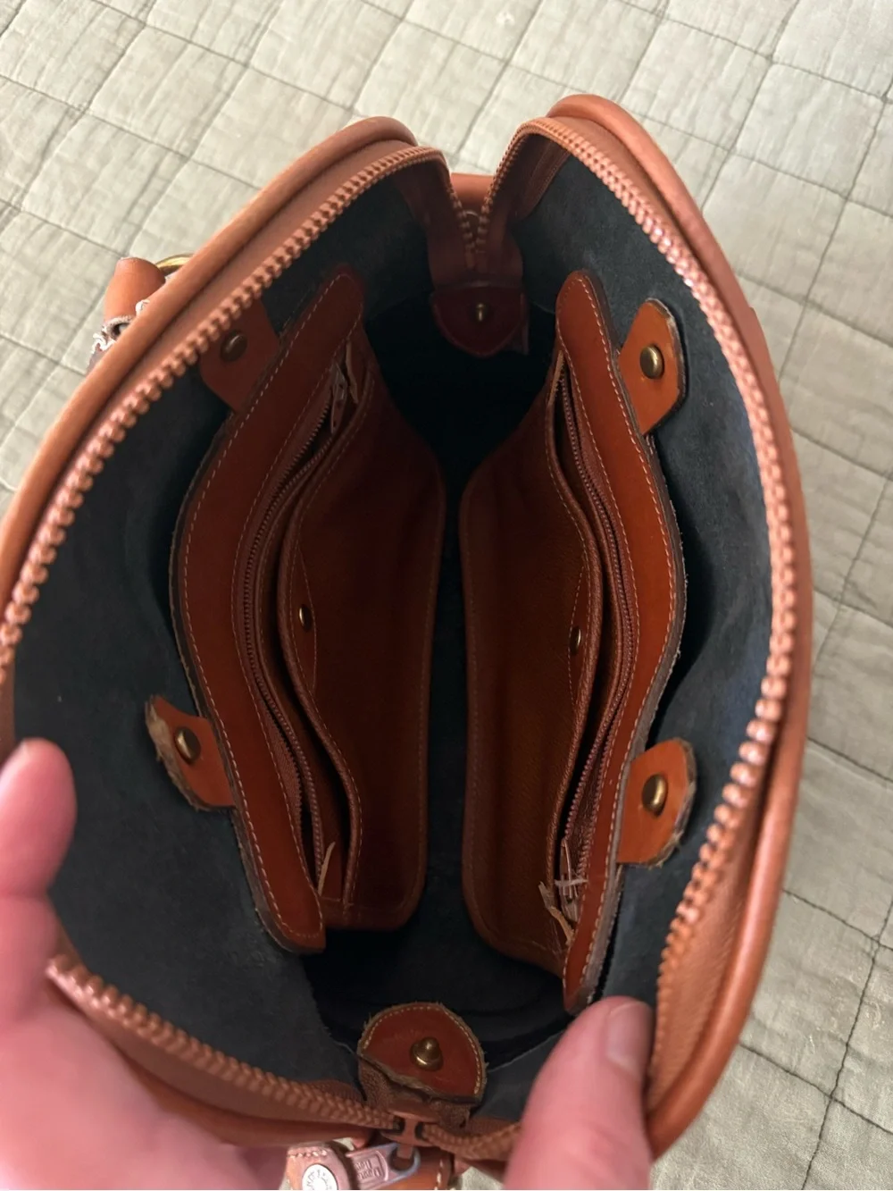 Dooney & Bourke Navy Pebbled Leather Satchel with Tan Trim